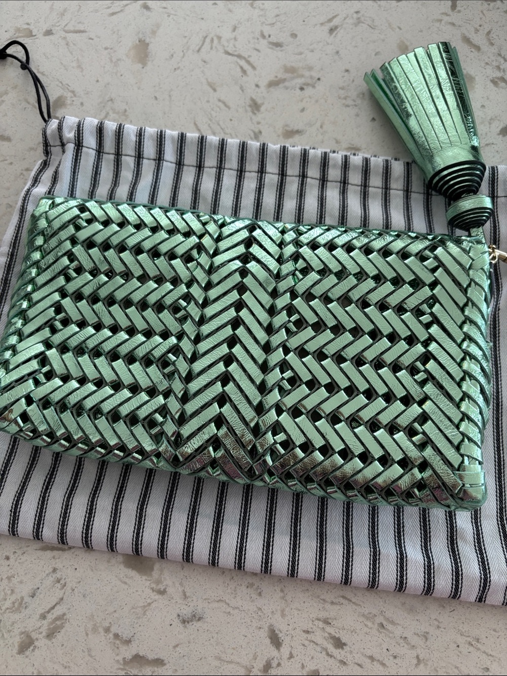 ANYA HINDMARCH Pistachio Green Metallic Neeson Tasseled Clutch Bag - Picture 6 of 10
